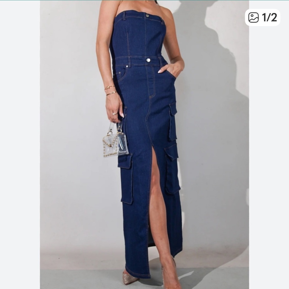 Mad For Love Denim Strapless Maxi‎ Dress Size Large